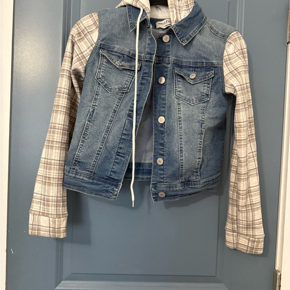 Wallflower Blue and Tan Jean Jacket with Plaid Sleeves